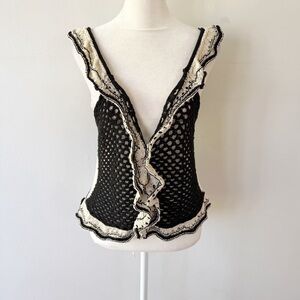 Zara Women Knit Crochet Deep V Ruffle Top Medium Whimsigoth Fairy Dark Coquette